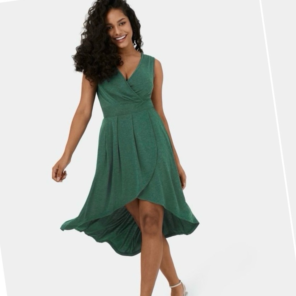 Halara Deep V Neck Sleeveless High Low Crossover Hem Midi Green Green Dress NWT